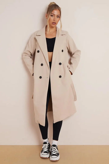 KATCH ME Women's Button Lapel Waist Tie Woollen Coat Coat